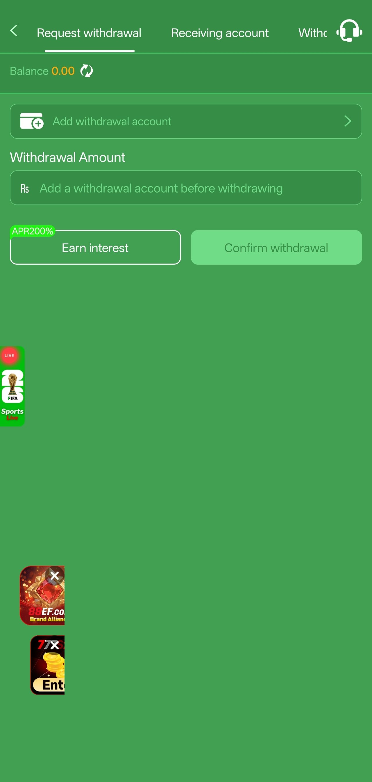 777cX app withdrawal request screen