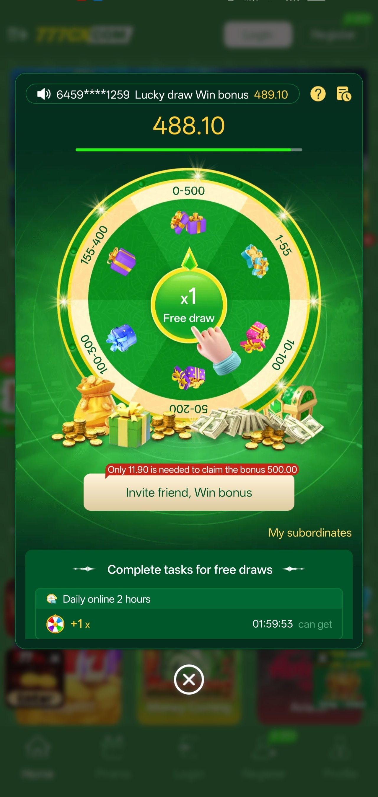 777cX app rewards wheel and lucky draw screen