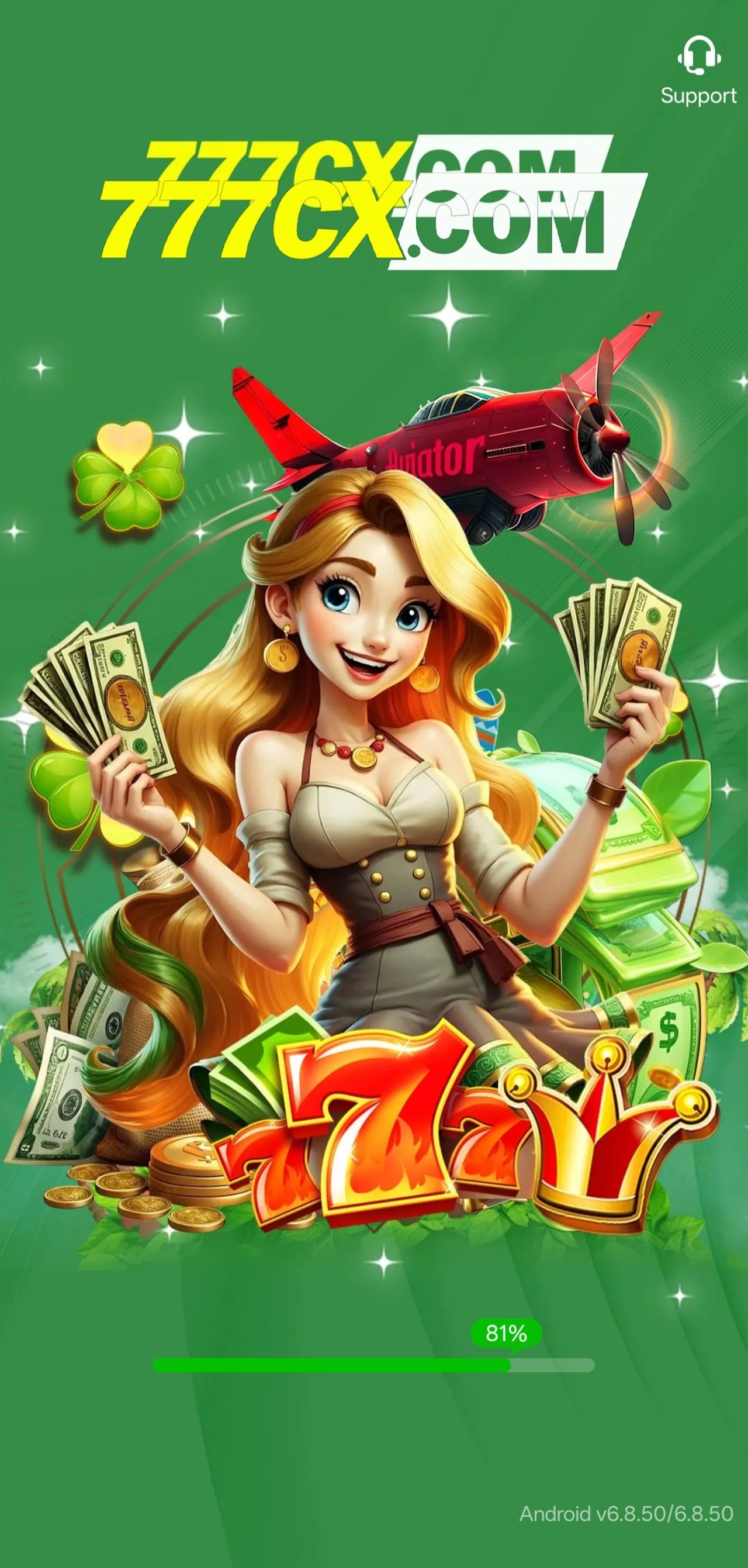 777cX app loading screen showing the Android build version